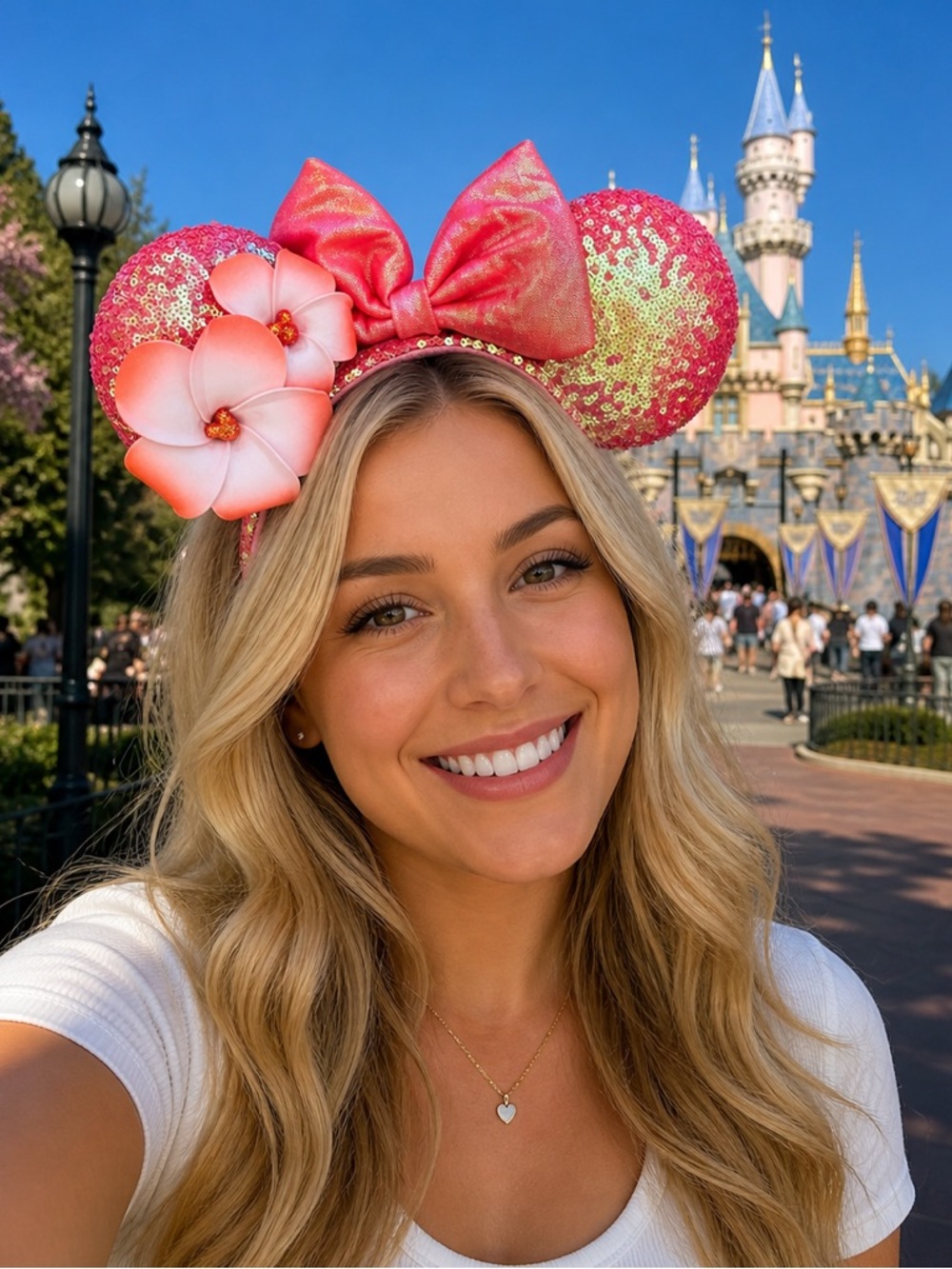 Shanghai Disney Resort Coral Plumeria Sequin Minnie Ears NWT